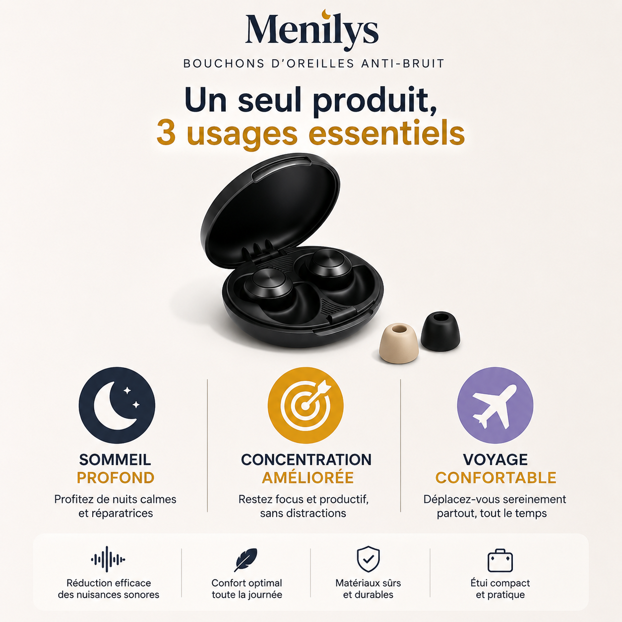 Menilys™ – Bouchons d’oreilles anti-bruit pour sommeil et concentration